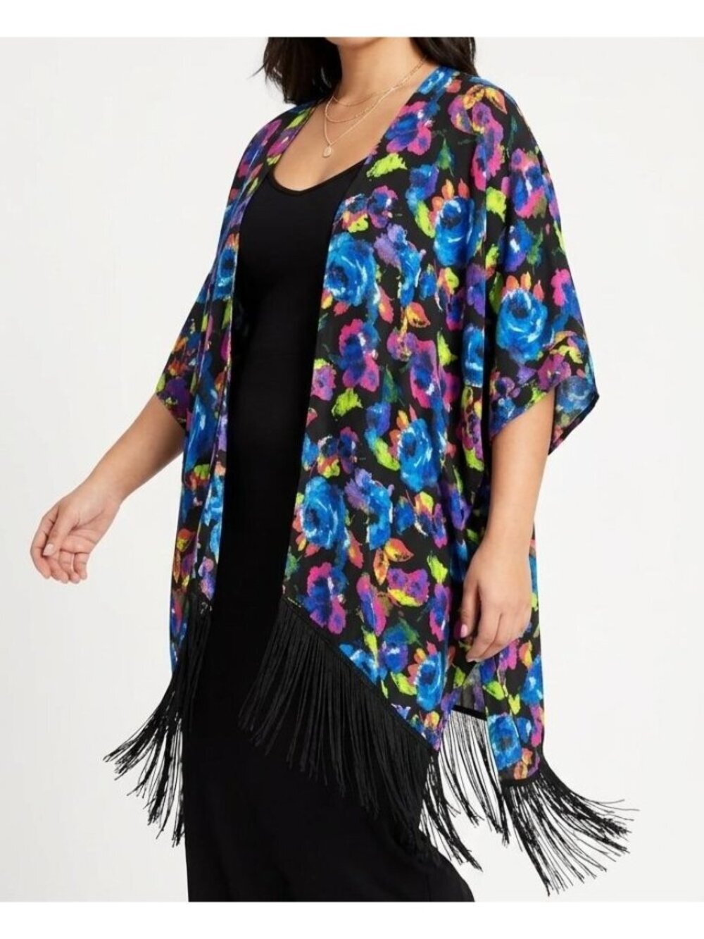 Romeo + Juliet Couture Black Floral Fringe Kimono Boho Eclectic